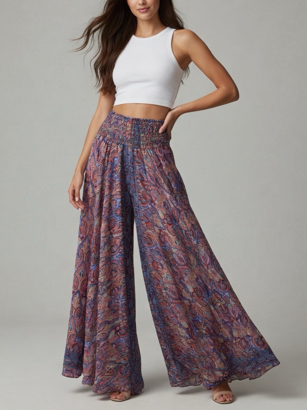Boho Wide-Leg Women’s Paisley Silky Palazzo Pants in Multi Pink one size